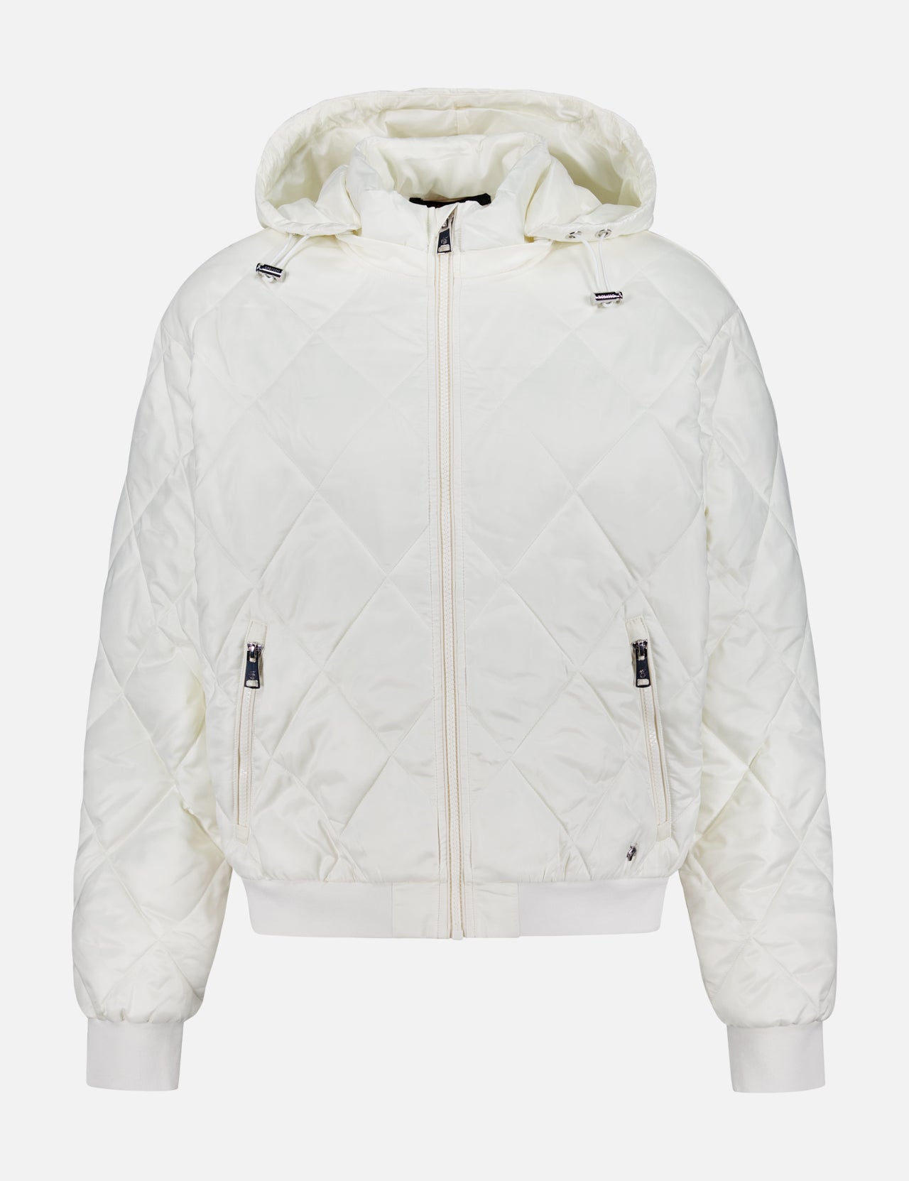 The GREYSON Aries X-Lite Quilted Jacket, featuring a detachable hood, front zipper closure, two zippered side pockets, ribbed cuffs, and waistband, is shown in white against a plain background.