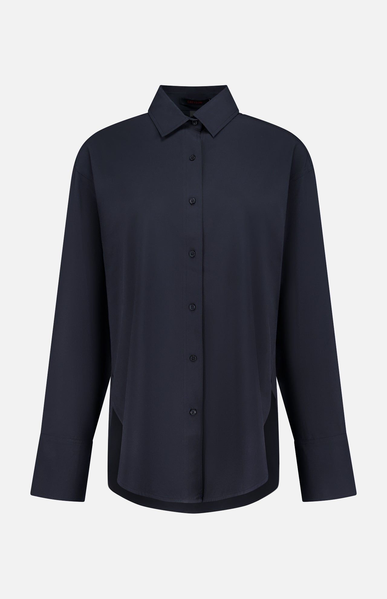 The GREYSON Ashe Button Down Shirt is a black long-sleeve shirt with a pointed collar and relaxed, tailored fit, made from lightweight fabric and shown on a plain white background.