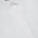 Close-up of the Ashe Button Down Shirt by GREYSON in white, featuring the collar, front buttons, and a glimpse of the neck label. This tailored summer shirt is displayed neatly against a plain background.