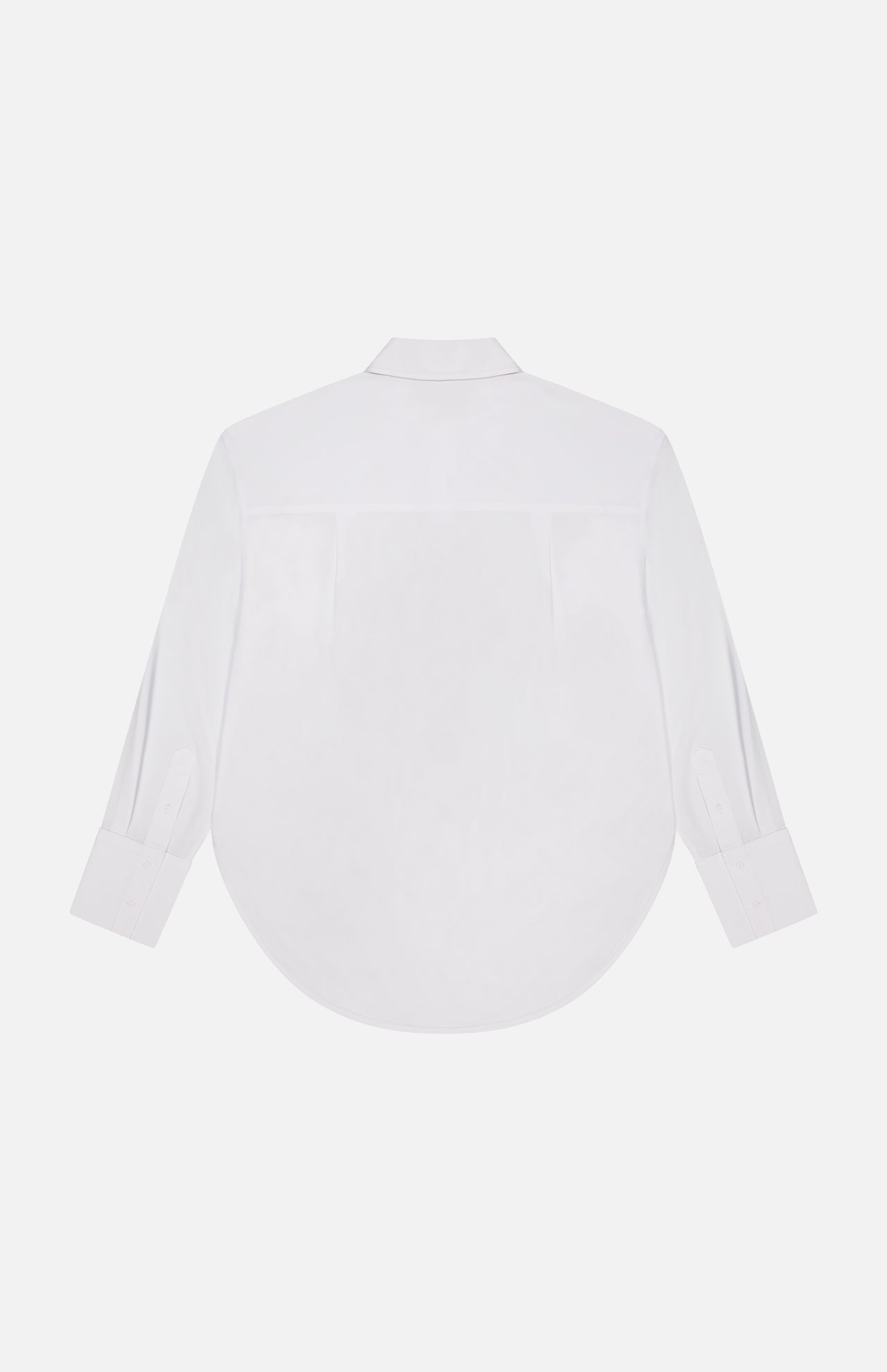 The GREYSON Ashe Button Down Shirt is a tailored white long-sleeve with cuffed sleeves, a pointed collar, and rounded hem, photographed from the back against a plain white backdrop.