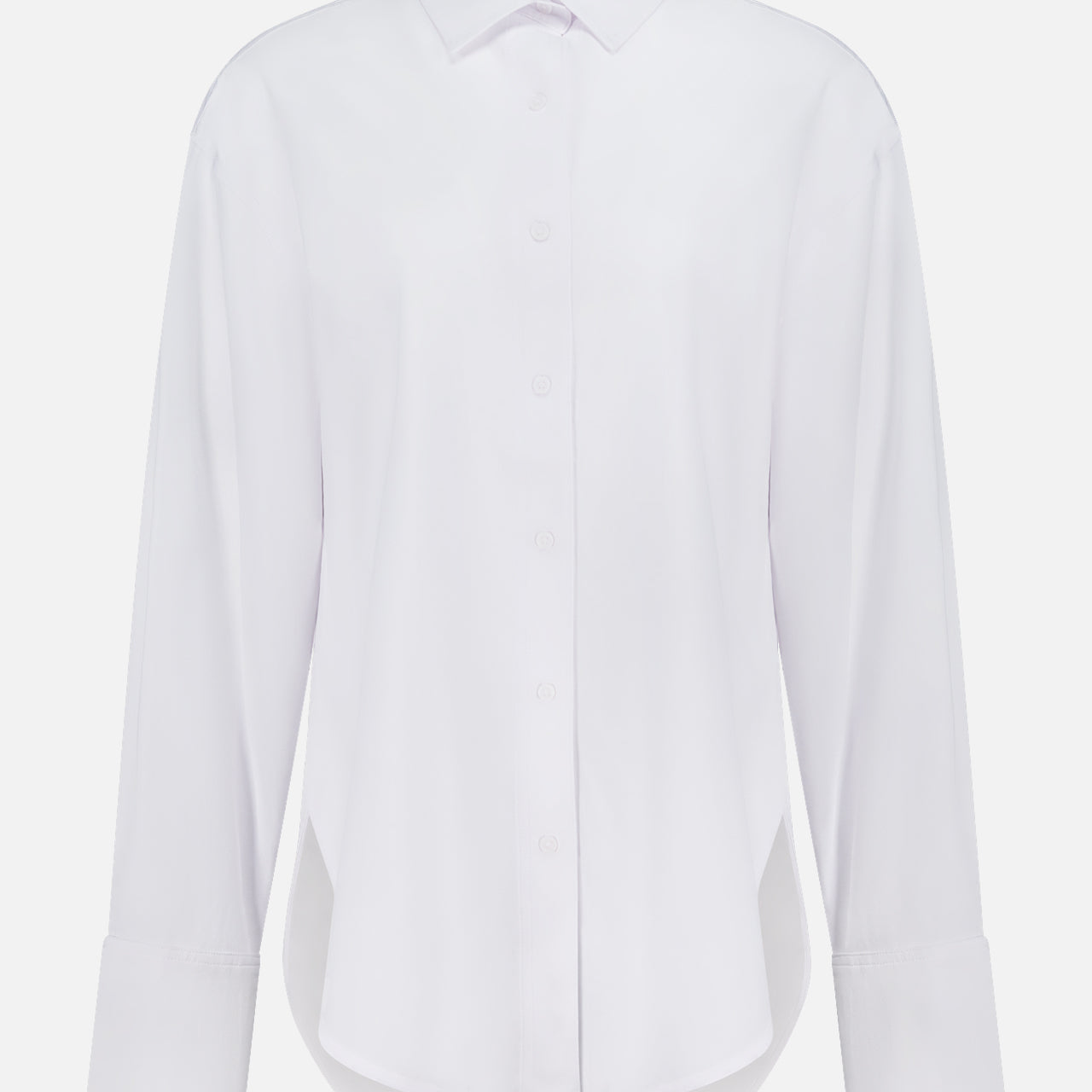 The GREYSON Ashe Button Down Shirt is a plain white, long-sleeve button-up with a classic collar and wide cuffs. This tailored summer shirt offers comfort and versatility, shown against a white background.
