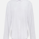 The GREYSON Ashe Button Down Shirt is a plain white, long-sleeve button-up with a classic collar and wide cuffs. This tailored summer shirt offers comfort and versatility, shown against a white background.