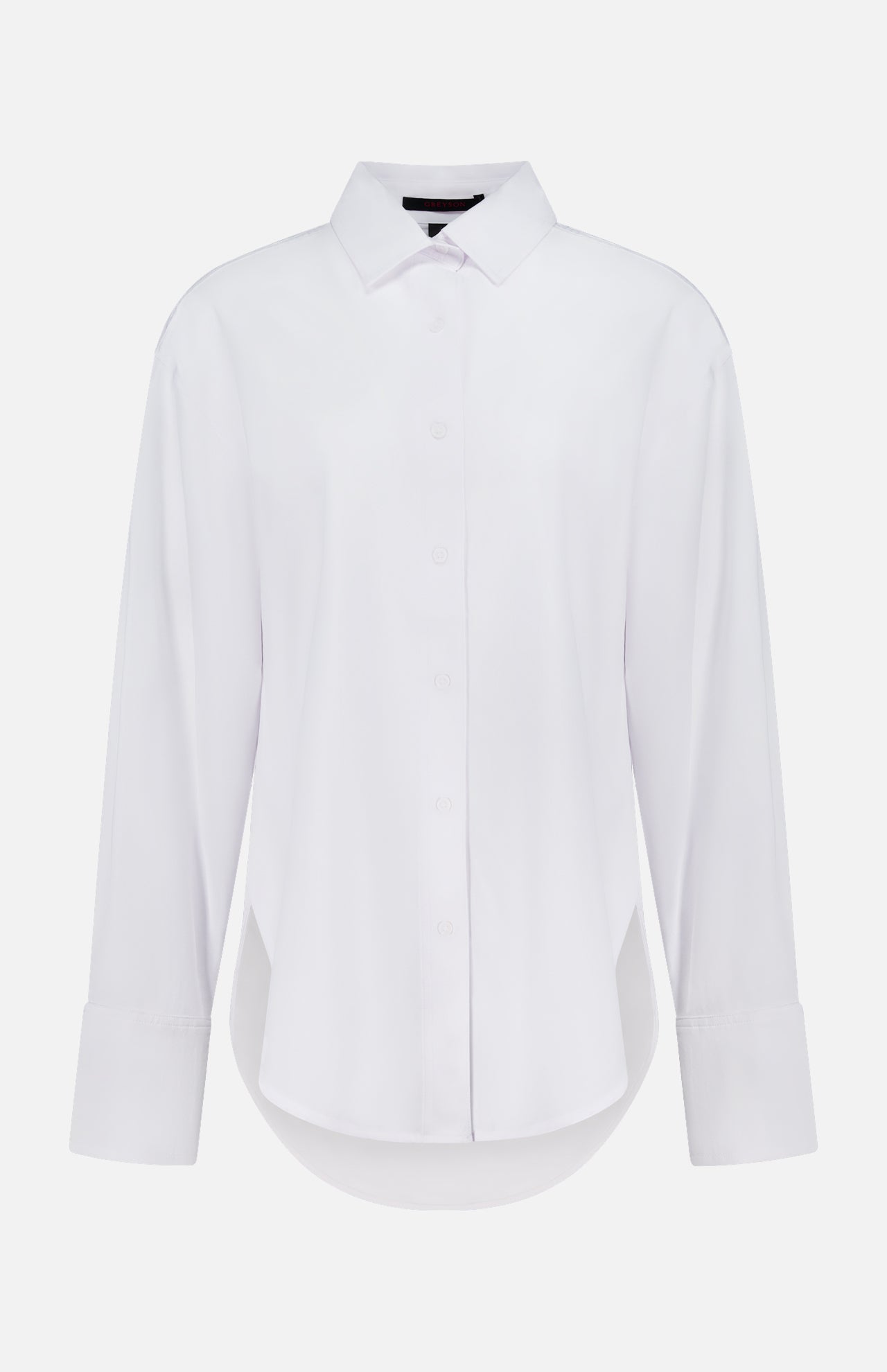The GREYSON Ashe Button Down Shirt is a plain white, long-sleeve button-up with a classic collar and wide cuffs. This tailored summer shirt offers comfort and versatility, shown against a white background.