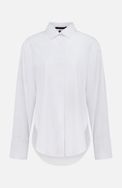 The GREYSON Ashe Button Down Shirt is a plain white, long-sleeve button-up with a classic collar and wide cuffs. This tailored summer shirt offers comfort and versatility, shown against a white background.