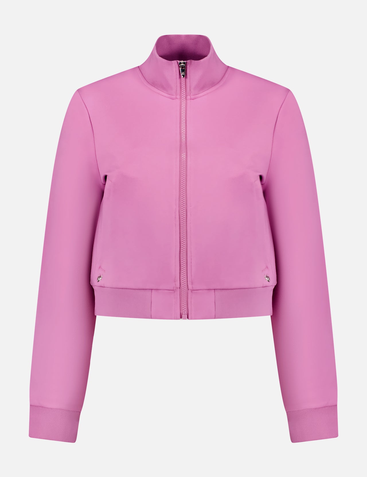 The GREYSON Drea Cropped Bomber Jacket features long sleeves, a high collar, front zipper, and snap-button pockets in peony pink, shown on a plain white background.