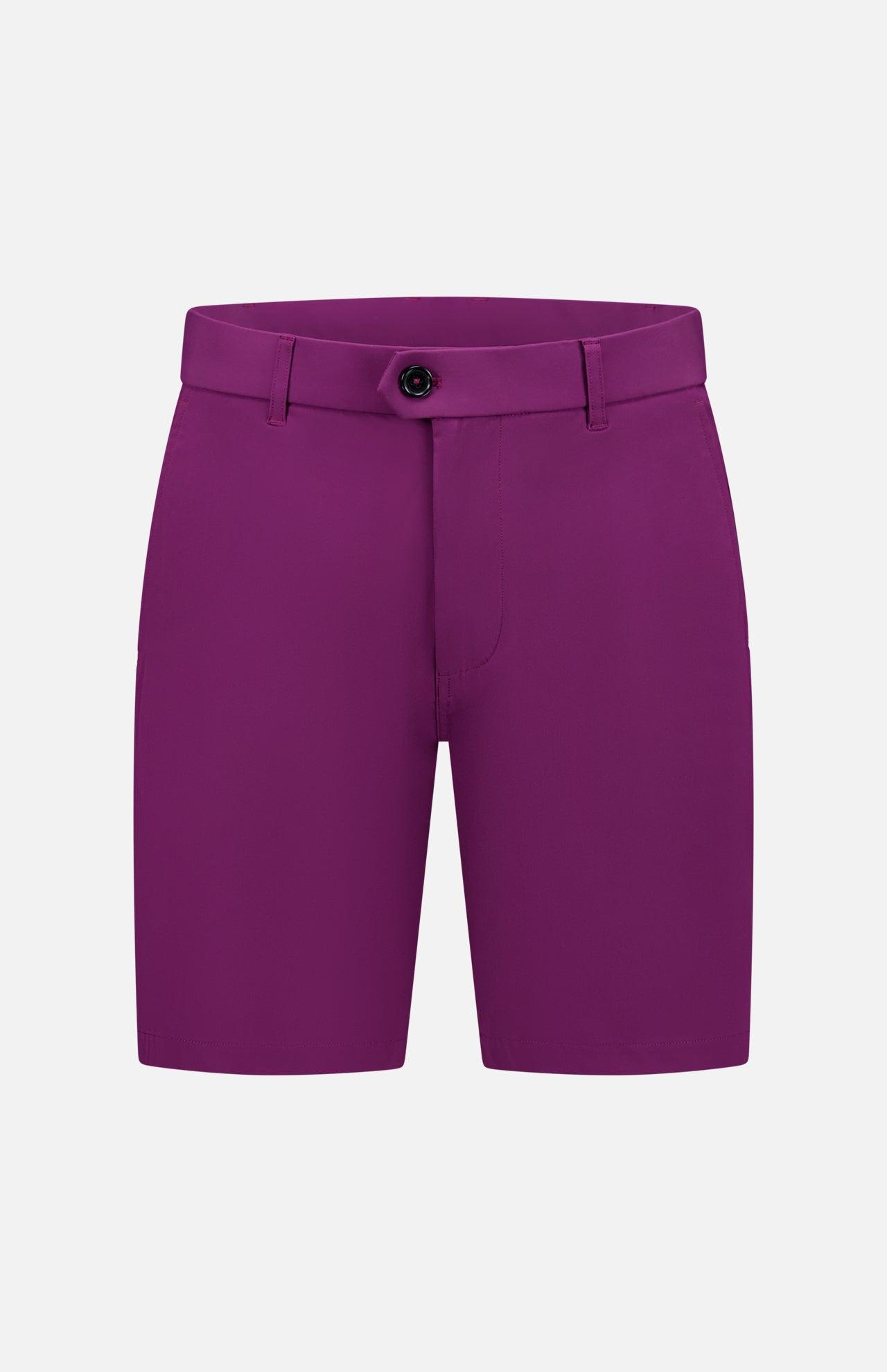The GREYSON 8 Inch Montauk Short, shown on a white background, features bright purple Italian fabric, tailored fit, belt loops, a single front button, and a zipper fly.