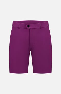The GREYSON 8 Inch Montauk Short, shown on a white background, features bright purple Italian fabric, tailored fit, belt loops, a single front button, and a zipper fly.