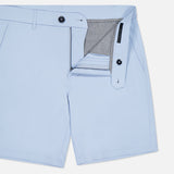 The GREYSON 8 Inch Montauk Short in light blue features a zipper fly, button closure, side pockets, belt loops, and a gray-lined waistband. Made from stretch breathable fabric for all-day performance.