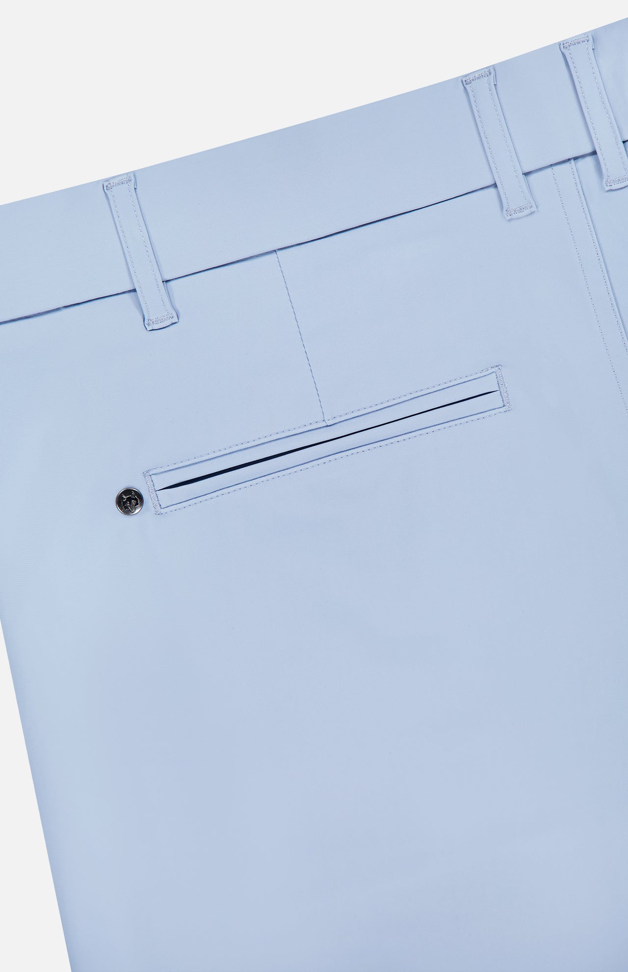 Close-up of the back of the GREYSON 8 Inch Montauk Short in light blue, showing a single welt pocket with button closure and belt loops, made from stretch breathable fabric for all-day comfort.
