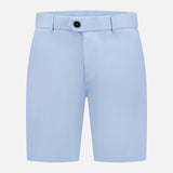 The GREYSON 8 Inch Montauk Short in light blue features belt loops, a front button closure, and a concealed zipper. Made from stretch breathable fabric, it's shown against a plain white background.