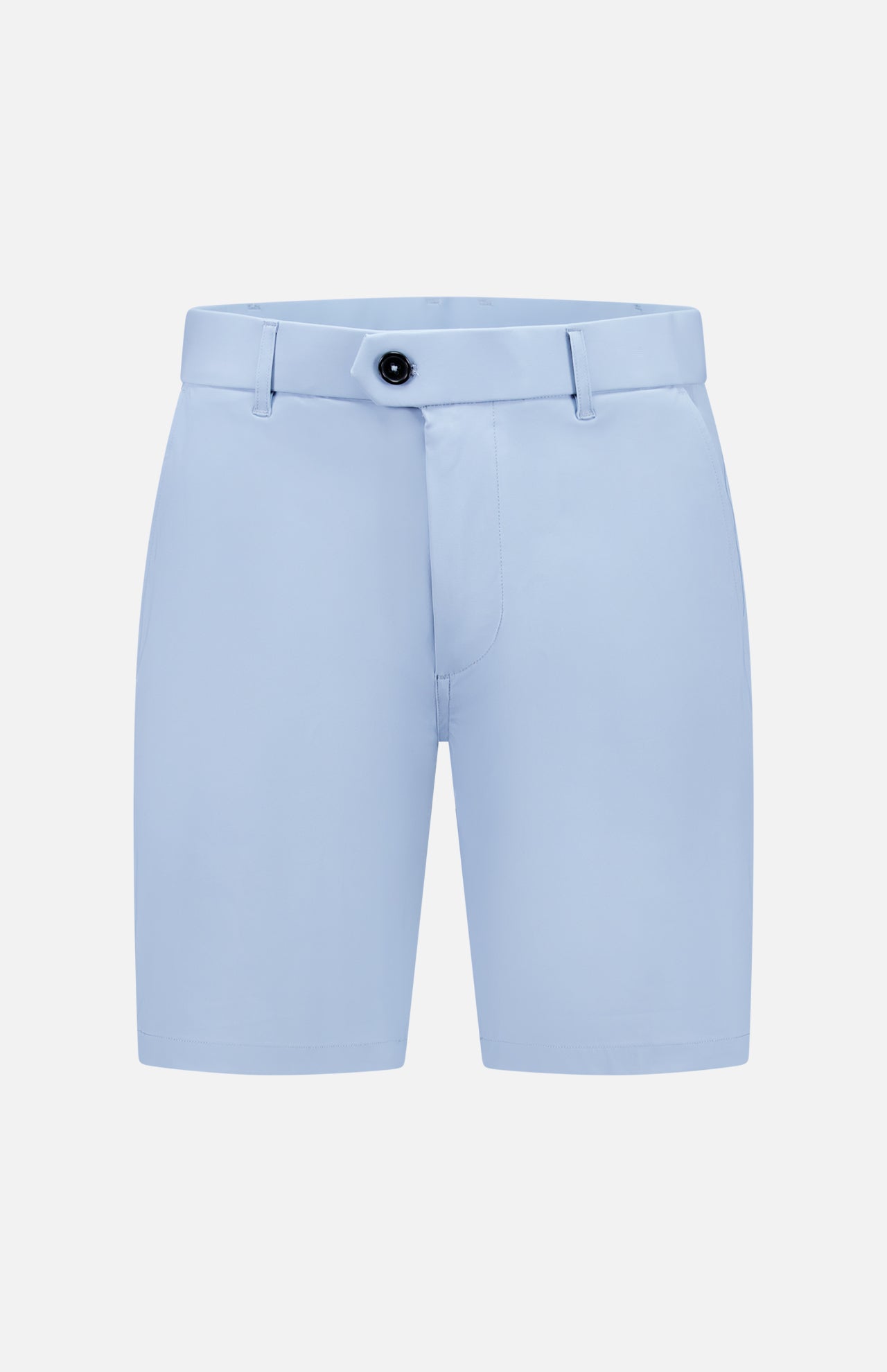 The GREYSON 8 Inch Montauk Short in light blue features belt loops, a front button closure, and a concealed zipper. Made from stretch breathable fabric, it's shown against a plain white background.