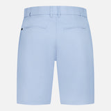 Back view of GREYSON 8 Inch Montauk Short in light blue, featuring belt loops and two welt pockets, made from stretch breathable fabric, shown against a white background.