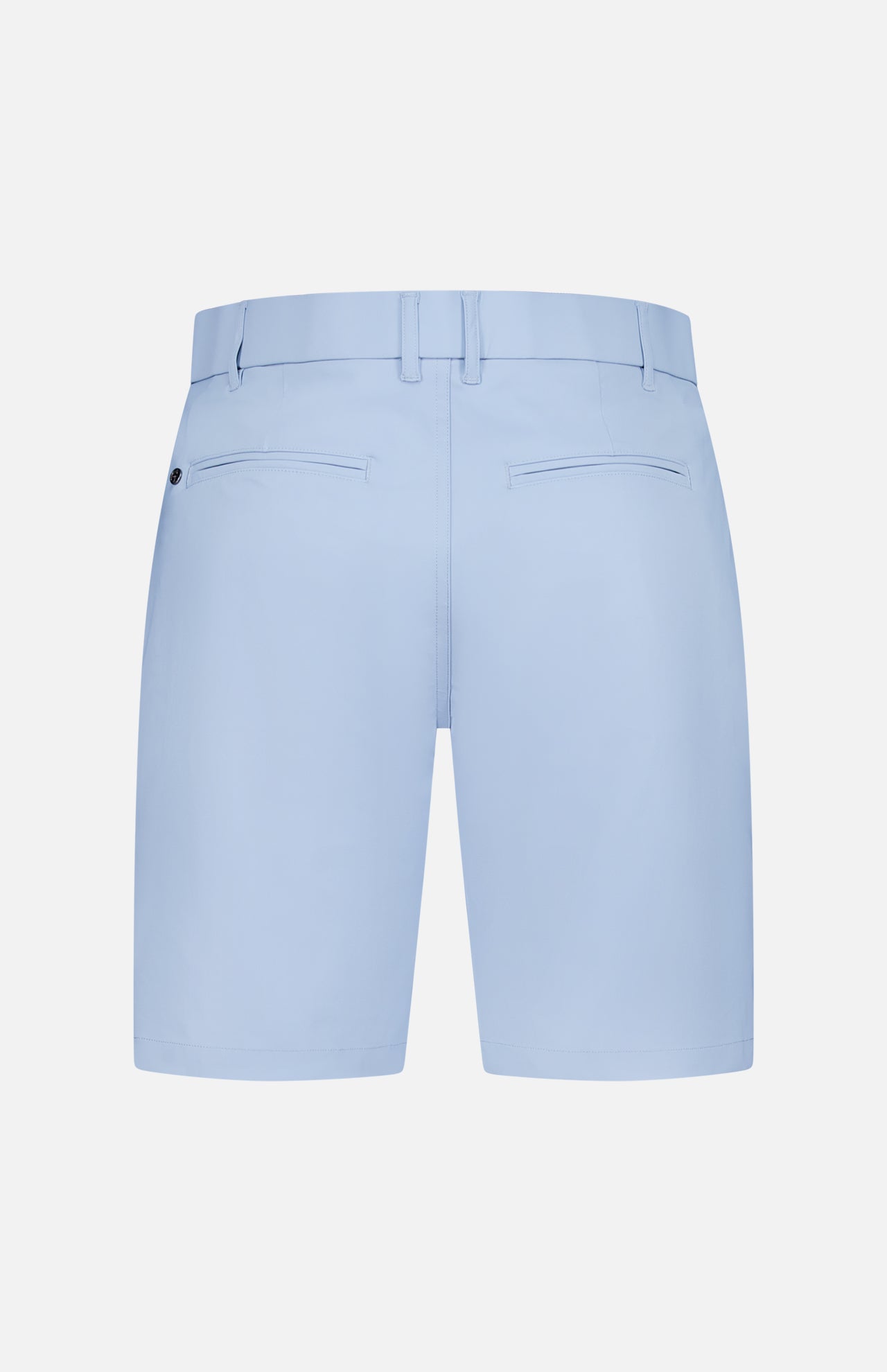 Back view of GREYSON 8 Inch Montauk Short in light blue, featuring belt loops and two welt pockets, made from stretch breathable fabric, shown against a white background.