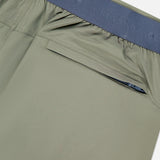 Close-up of the back of GREYSON Arenac Perforated Sport Short in dark green, highlighting the breathable fabric, dark gray elastic waistband with subtle branding, and a zip pocket for essentials.