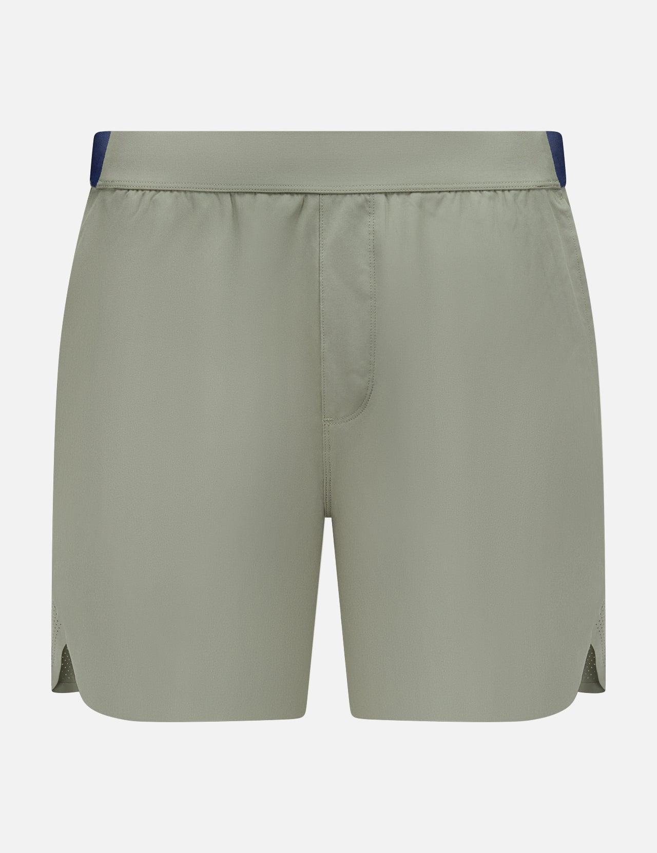The GREYSON Arenac Perforated Sport Short features a light sage green color, elastic waistband, small side slits, and a zip pocket. These breathable athletic shorts have no visible branding and are shown on a white background.