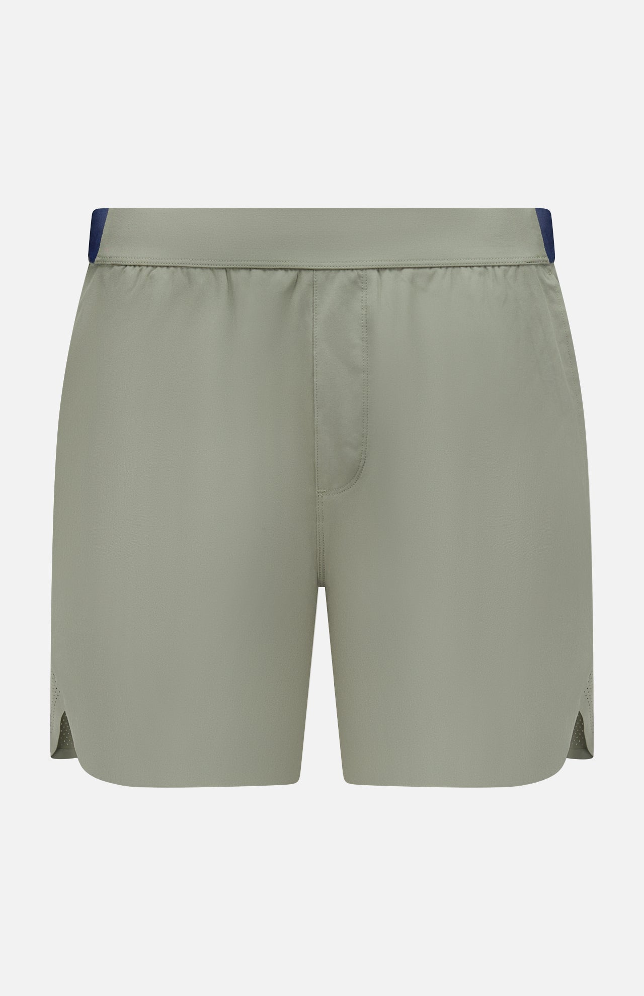 The GREYSON Arenac Perforated Sport Short features a light sage green color, elastic waistband, small side slits, and a zip pocket. These breathable athletic shorts have no visible branding and are shown on a white background.