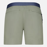 Back view of the GREYSON Arenac Perforated Sport Short in dark green, with a right-side zip pocket, dark waistband, and subtle bottom ventilation holes for enhanced breathability.
