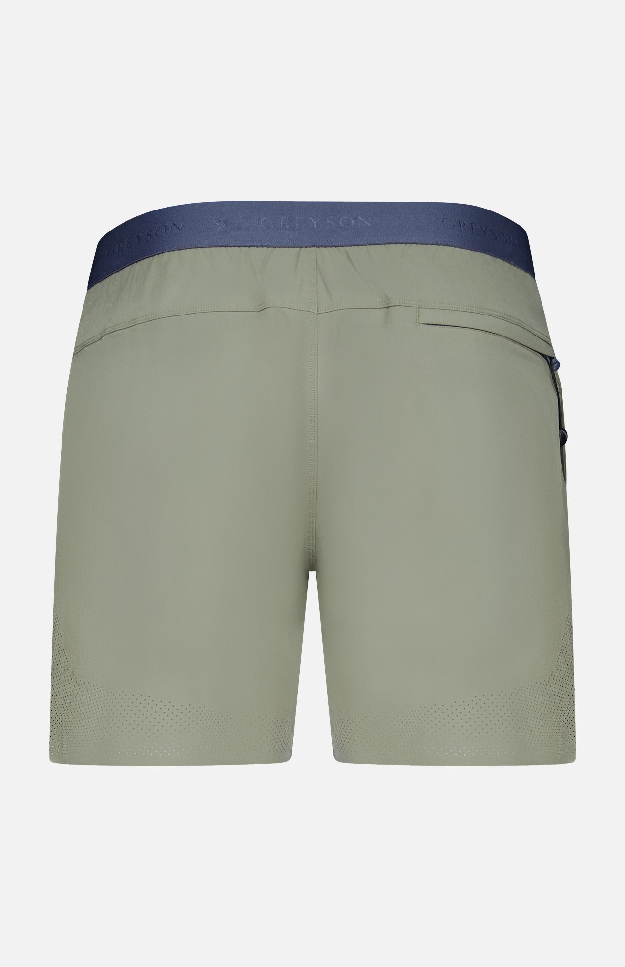 Back view of the GREYSON Arenac Perforated Sport Short in dark green, with a right-side zip pocket, dark waistband, and subtle bottom ventilation holes for enhanced breathability.