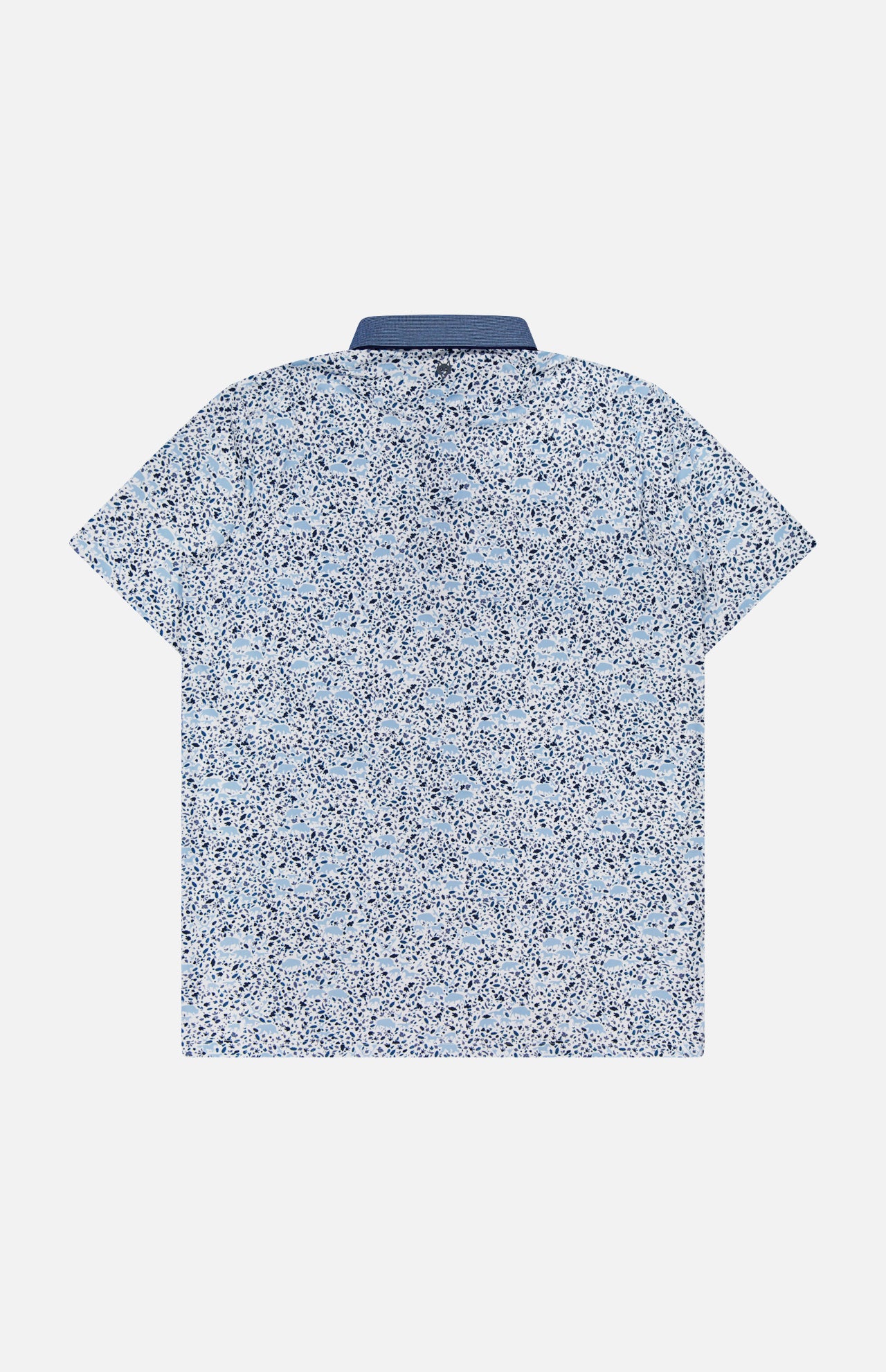 The GREYSON Buffalo Soldier Polo Shirt is a short-sleeve, button-up shirt with a blue and white abstract floral pattern, moisture-wicking fabric, and a contrasting solid blue collar for all-day comfort. Shown from the back.