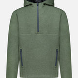 The GREYSON Calgary Quarter Zip Hoodie Sweater is a green long-sleeve hoodie featuring a front quarter-zip, two zippered pockets, and a subtle camouflage pattern lining the hood. Crafted from breathable yarns for enhanced comfort, it is displayed against a plain background.