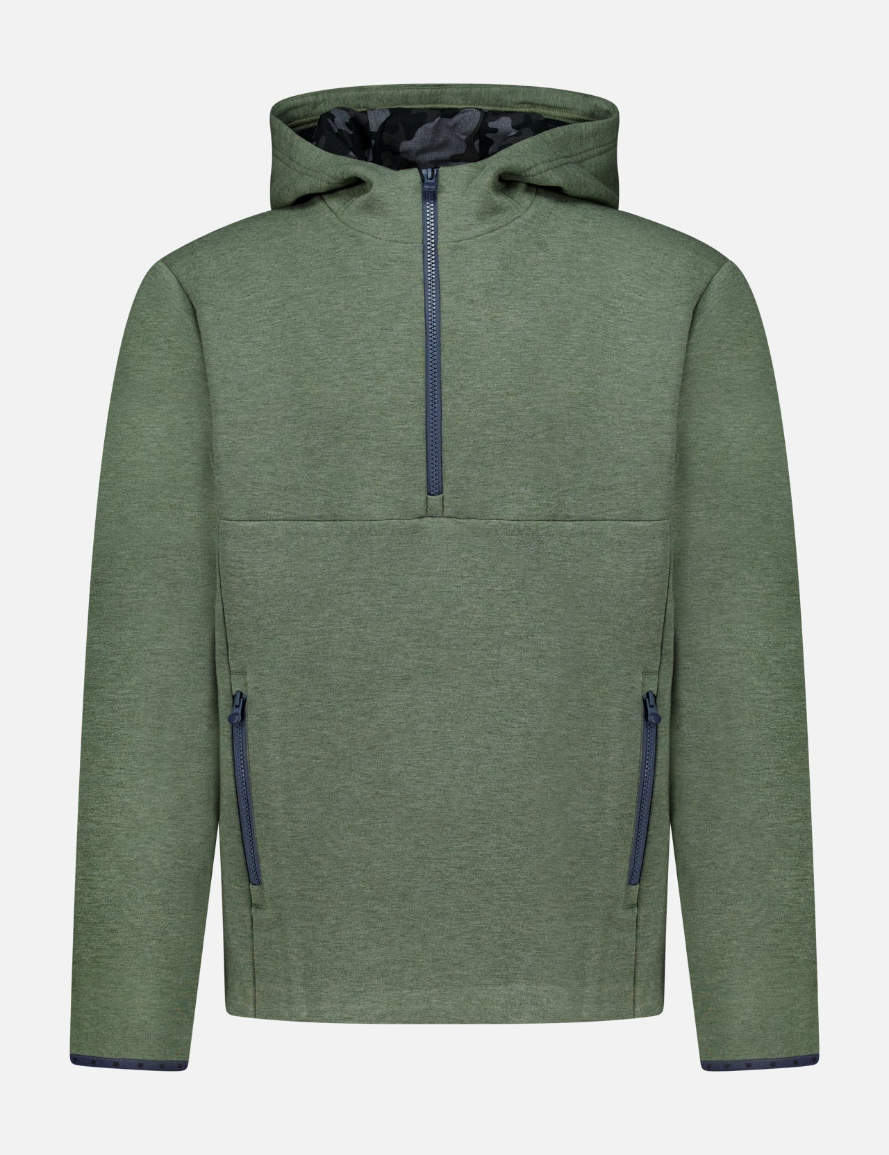 The GREYSON Calgary Quarter Zip Hoodie Sweater is a green long-sleeve hoodie featuring a front quarter-zip, two zippered pockets, and a subtle camouflage pattern lining the hood. Crafted from breathable yarns for enhanced comfort, it is displayed against a plain background.