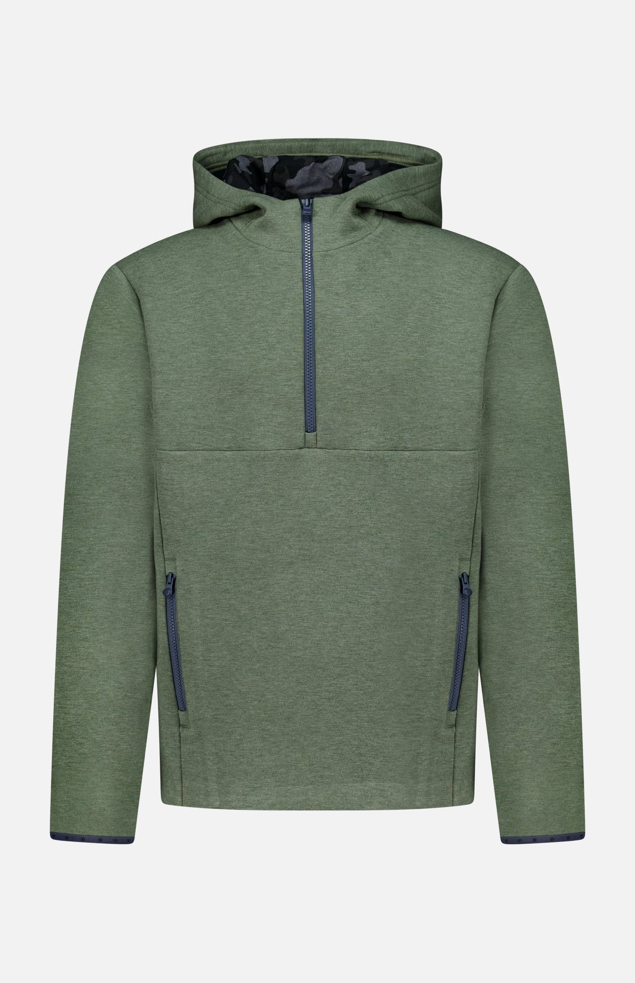 The GREYSON Calgary Quarter Zip Hoodie Sweater is a green long-sleeve hoodie featuring a front quarter-zip, two zippered pockets, and a subtle camouflage pattern lining the hood. Crafted from breathable yarns for enhanced comfort, it is displayed against a plain background.