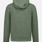 The GREYSON Calgary Quarter Zip Hoodie Sweater in olive green is shown from the back against a white background. This long-sleeve hoodie, crafted with breathable yarns, features a plain design with no visible logos or patterns.