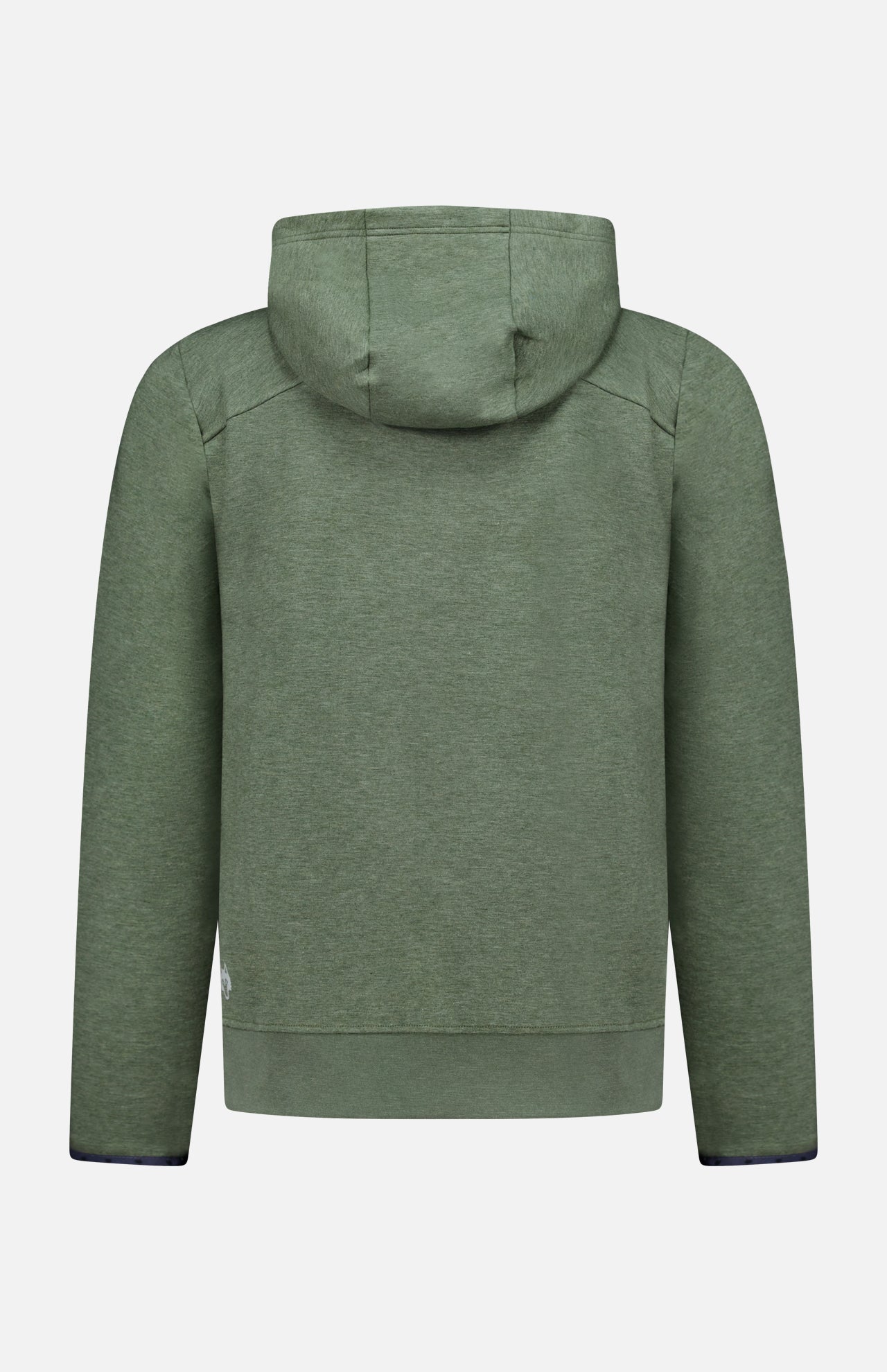 The GREYSON Calgary Quarter Zip Hoodie Sweater in olive green is shown from the back against a white background. This long-sleeve hoodie, crafted with breathable yarns, features a plain design with no visible logos or patterns.