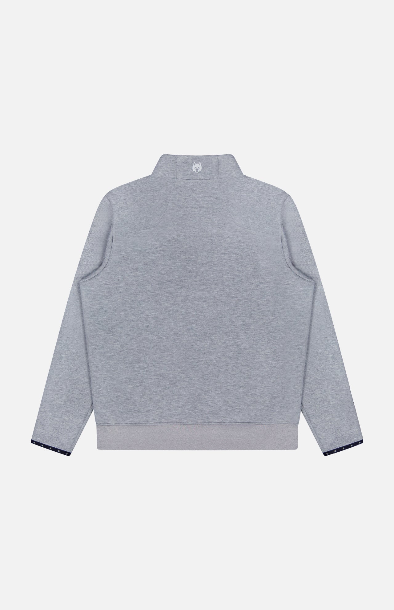 Back view of the GREYSON Calgary Quarter Zip Sweatshirt in light gray, showcasing a stand-up collar, long sleeves, ribbed cuffs and waistband, plus thermal insulation for warmth, all displayed on a plain white background.