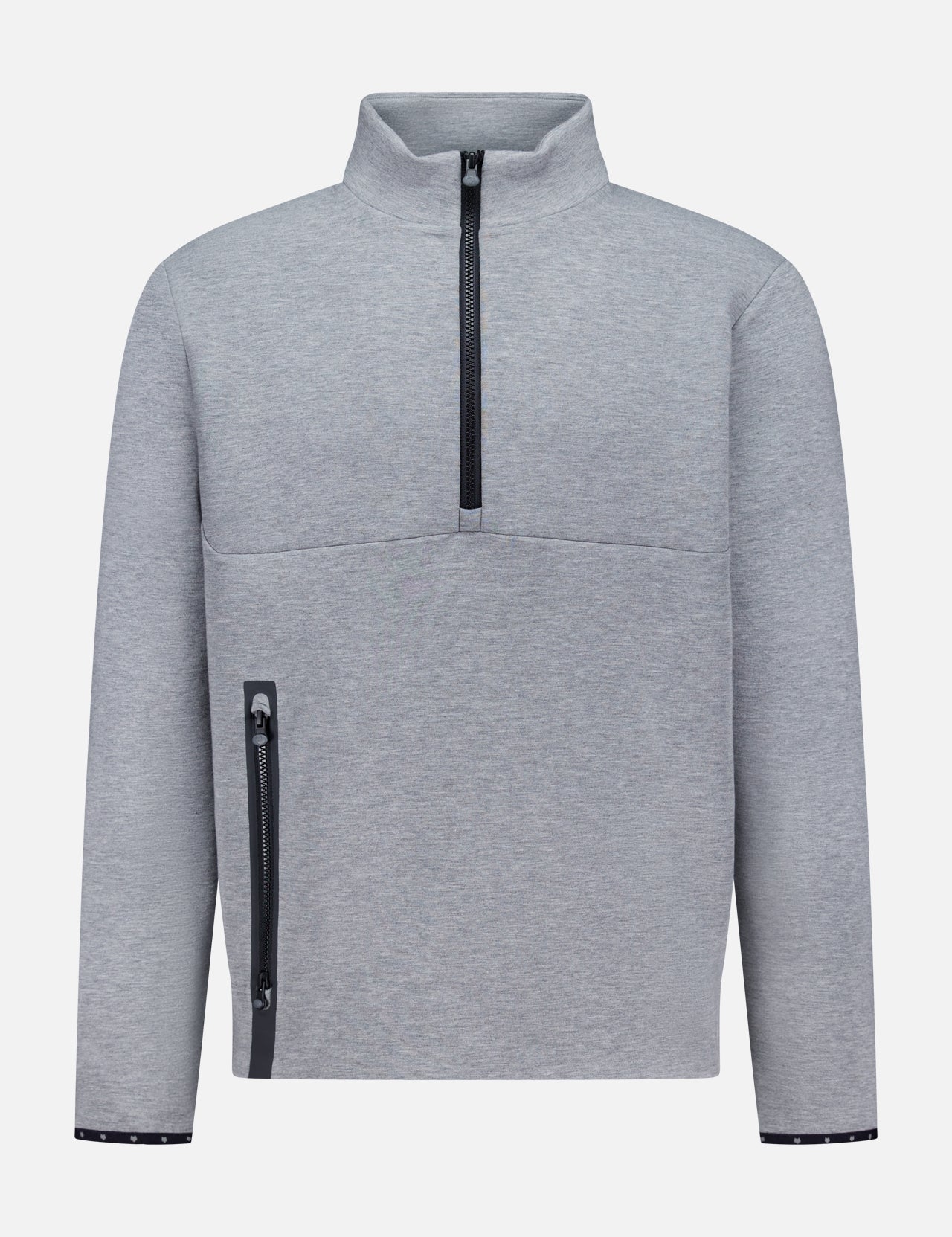 The GREYSON Calgary Quarter Zip Sweatshirt features thermal insulation, a high collar, and an angled black utility pocket on the lower left. Its light gray color and minimal design deliver warmth and functionality with a modern touch.