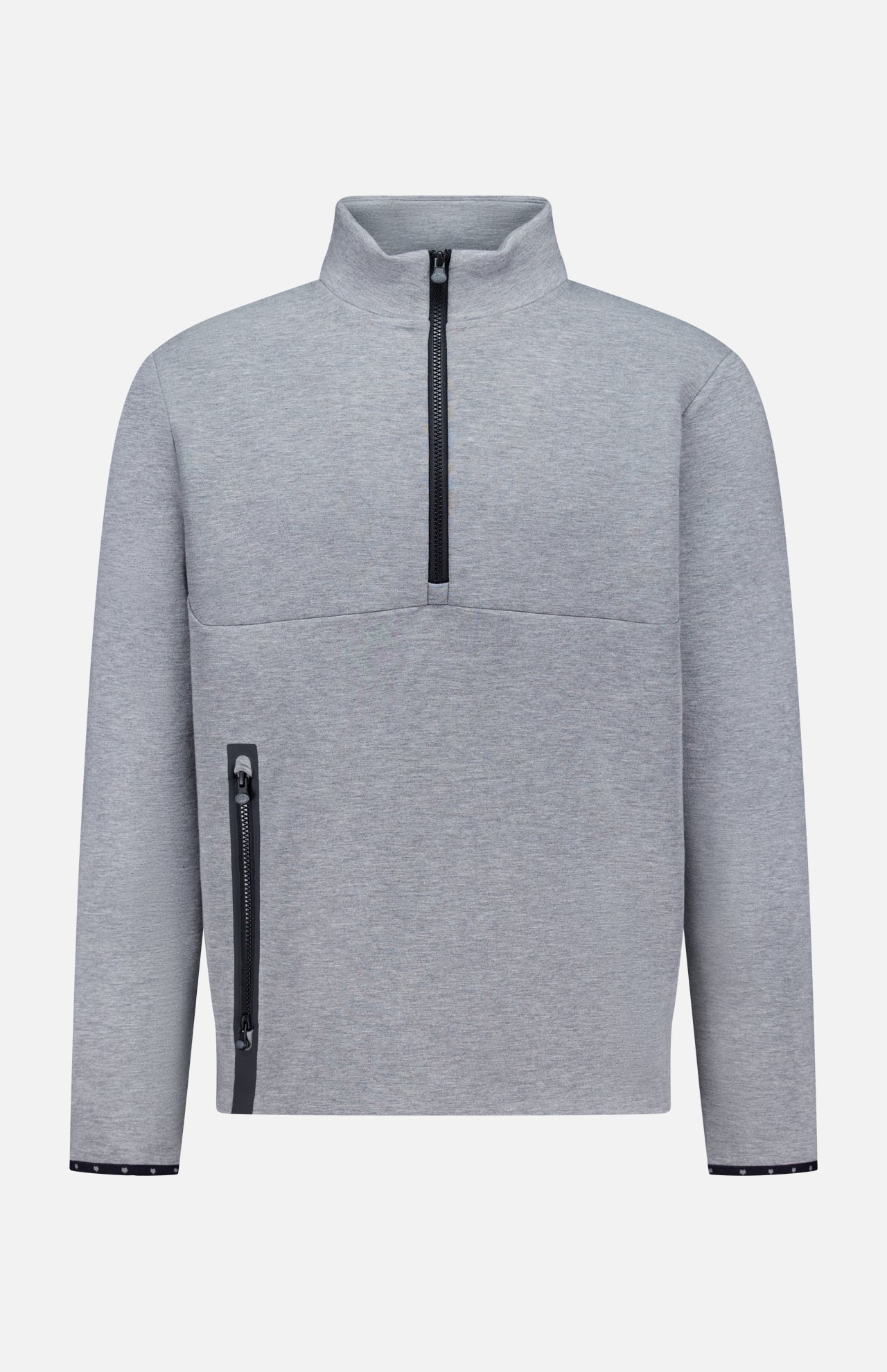 The GREYSON Calgary Quarter Zip Sweatshirt features thermal insulation, a high collar, and an angled black utility pocket on the lower left. Its light gray color and minimal design deliver warmth and functionality with a modern touch.
