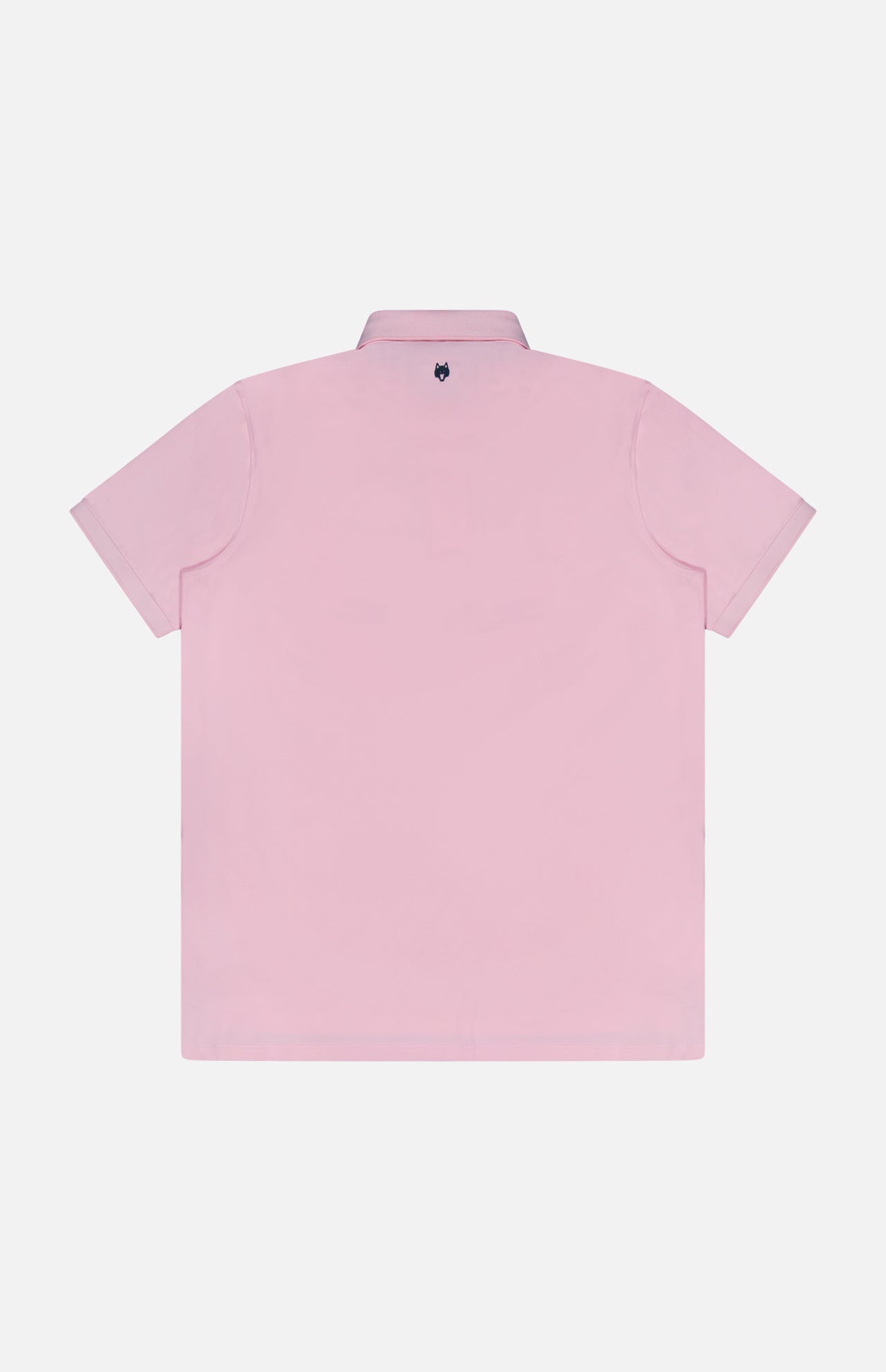 The GREYSON Crowley Polo Shirt in light pink features short sleeves, a small dark blue embroidered logo below the collar on the back, and moisture-wicking fabric for all-day comfort.