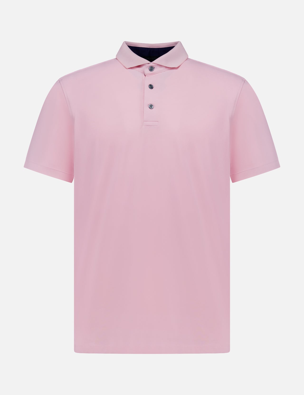 The GREYSON Crowley Polo Shirt is a light pink, collared short-sleeve performance top with three dark buttons and moisture-wicking fabric, shown on a white background.