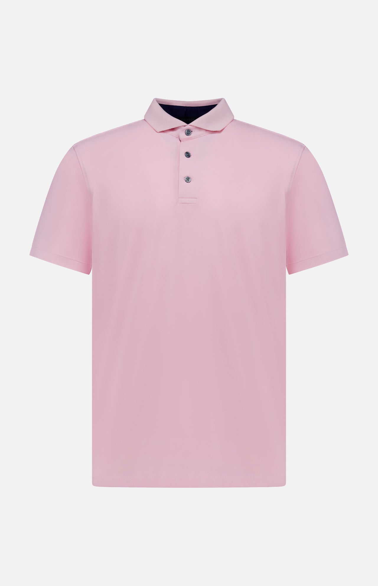 The GREYSON Crowley Polo Shirt is a light pink, collared short-sleeve performance top with three dark buttons and moisture-wicking fabric, shown on a white background.