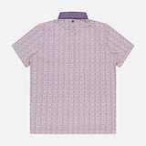 Back view of the GREYSON Echo Falls Polo Shirt: a short-sleeve, moisture-wicking top in pink and white geometric print, with a solid purple collar and single back neck button.