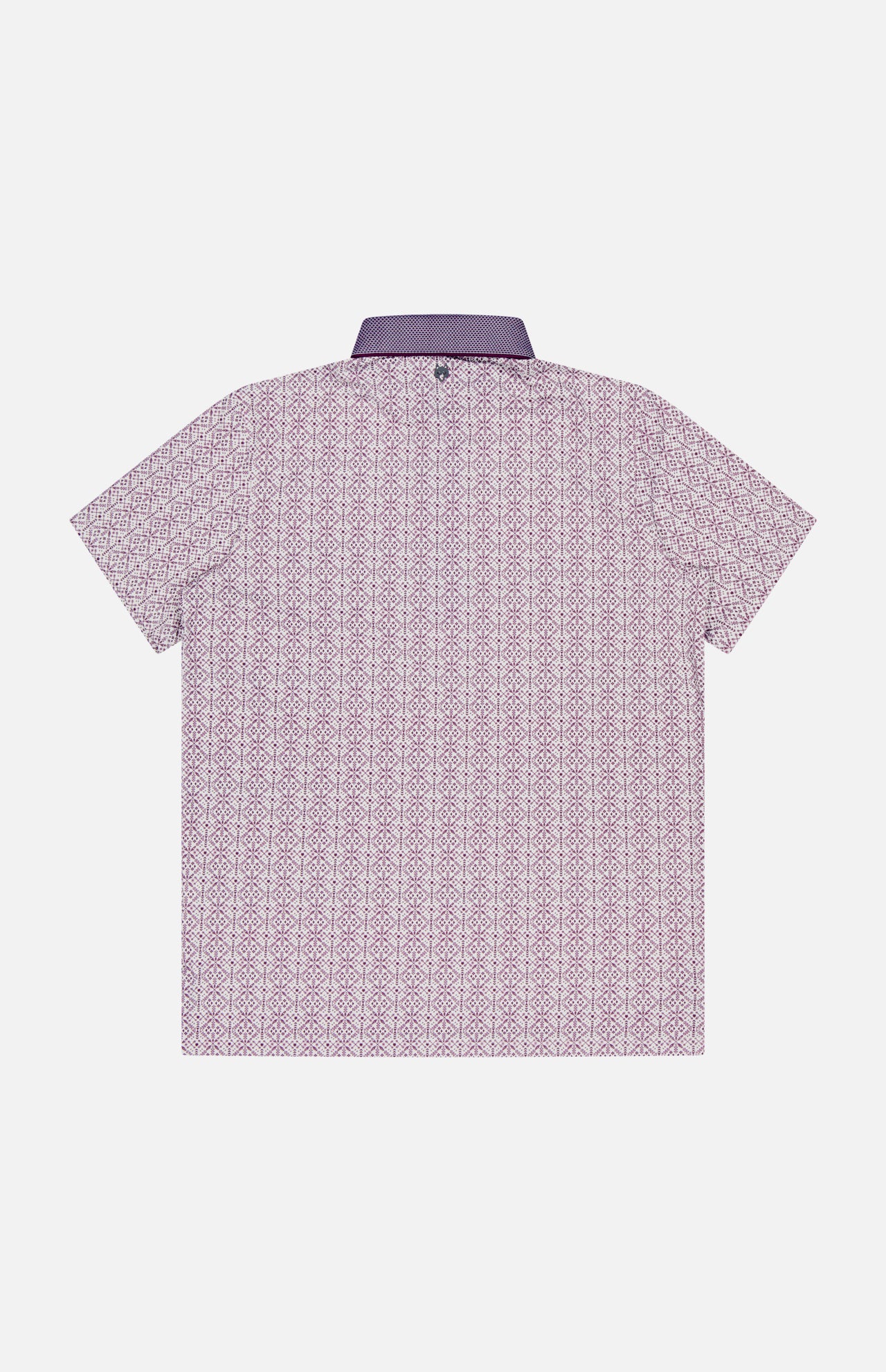 Back view of the GREYSON Echo Falls Polo Shirt: a short-sleeve, moisture-wicking top in pink and white geometric print, with a solid purple collar and single back neck button.