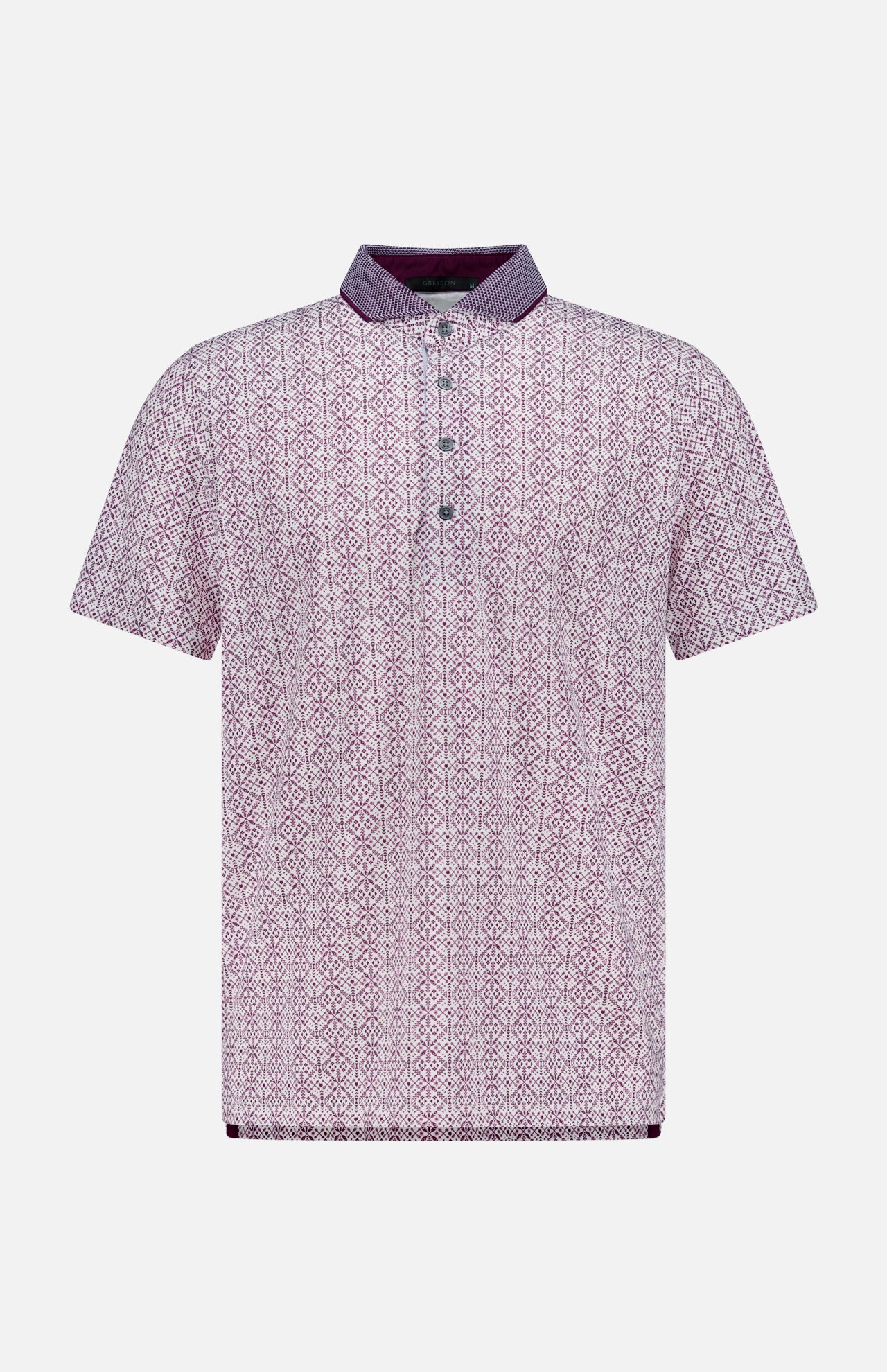 The GREYSON Echo Falls Polo Shirt features short sleeves, a geometric red and white pattern, buttoned placket, dark red contrast collar, and moisture-wicking comfort. Shown on a plain white background.