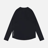 The GREYSON Falcon Sport Long Sleeve T-shirt is a black, moisture-wicking top shown flat from the back, with "GREYSON" printed vertically in white near the left waist. It features a rounded hem and has no visible patterns or graphics.