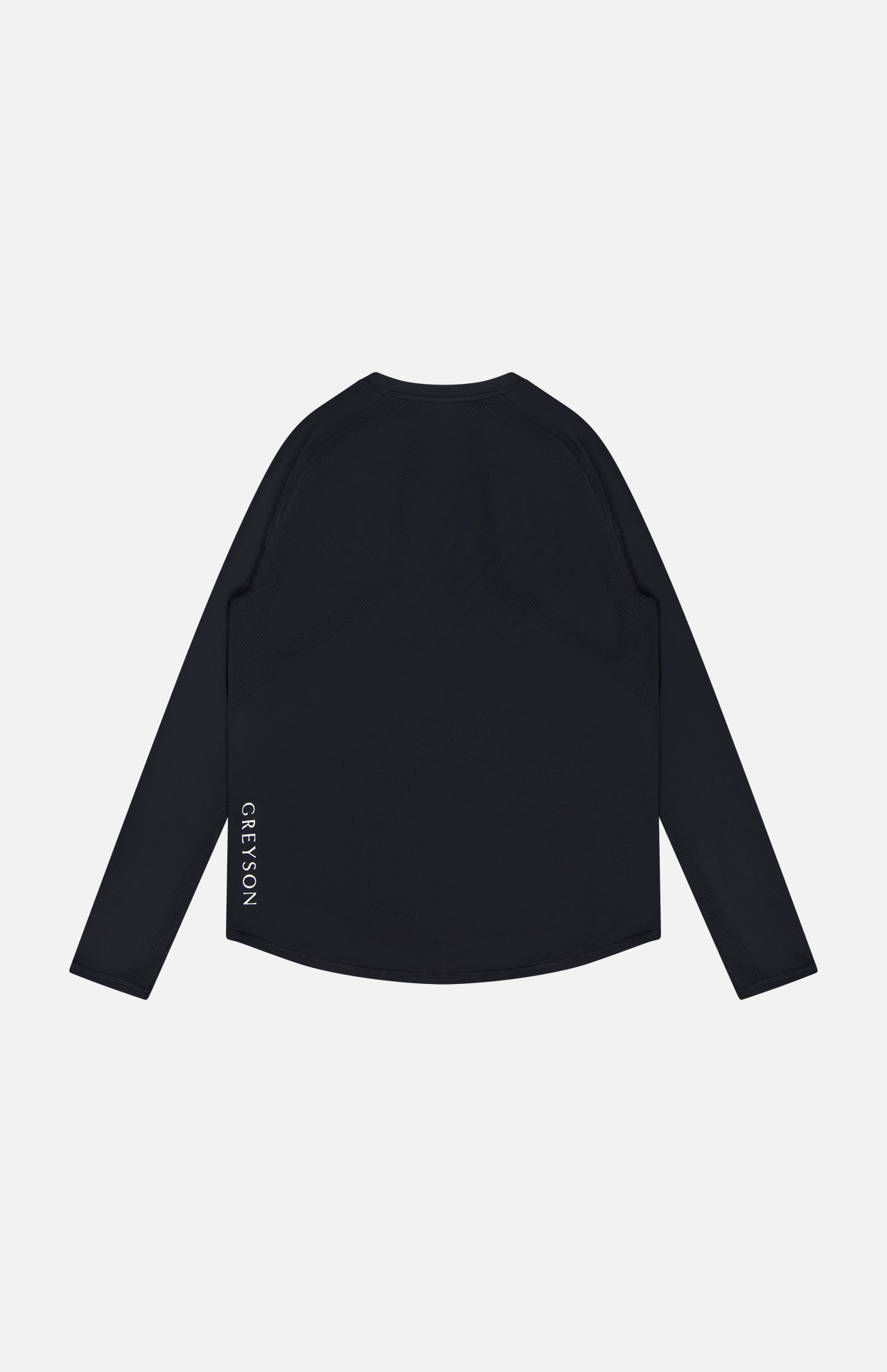 The GREYSON Falcon Sport Long Sleeve T-shirt is a black, moisture-wicking top shown flat from the back, with "GREYSON" printed vertically in white near the left waist. It features a rounded hem and has no visible patterns or graphics.