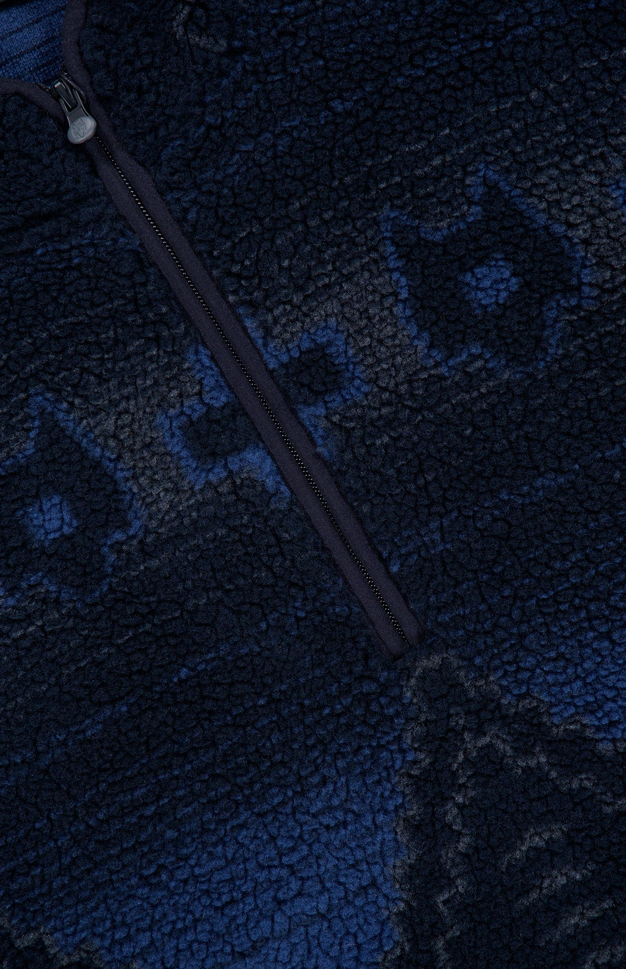 Close-up of the GREYSON Guardian Sherpa Fleece Half Zip Sweater in blue and black, featuring a textured, patterned fleece surface and a prominent black half-zip running diagonally.