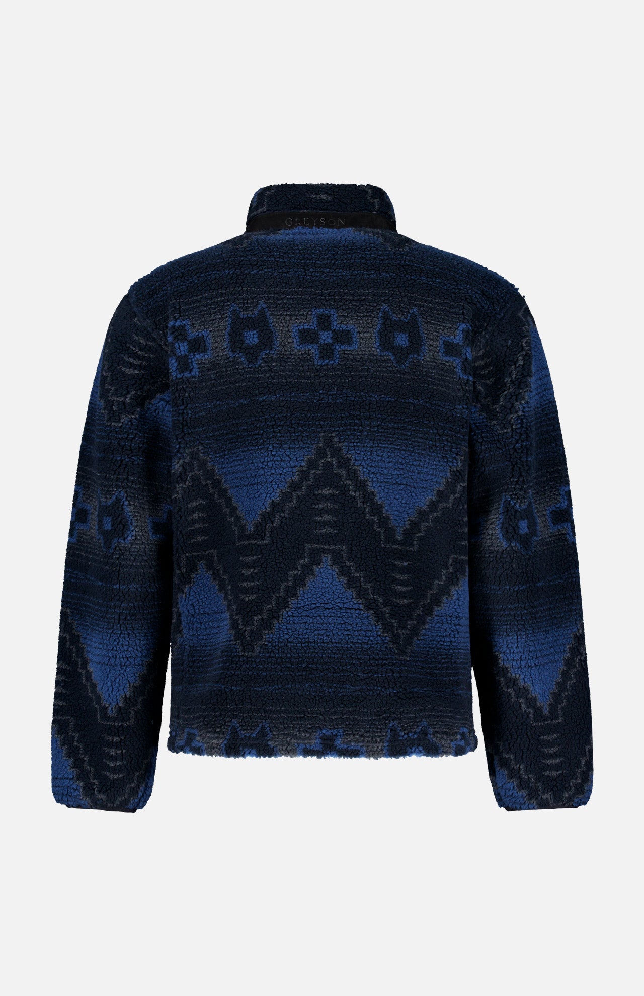 The GREYSON Guardian Sherpa Fleece Half Zip Sweater is a men’s long-sleeve jacket in blue, featuring a bold blue and black geometric pattern with zigzags and diamond shapes. Shown from the back against a plain white background.