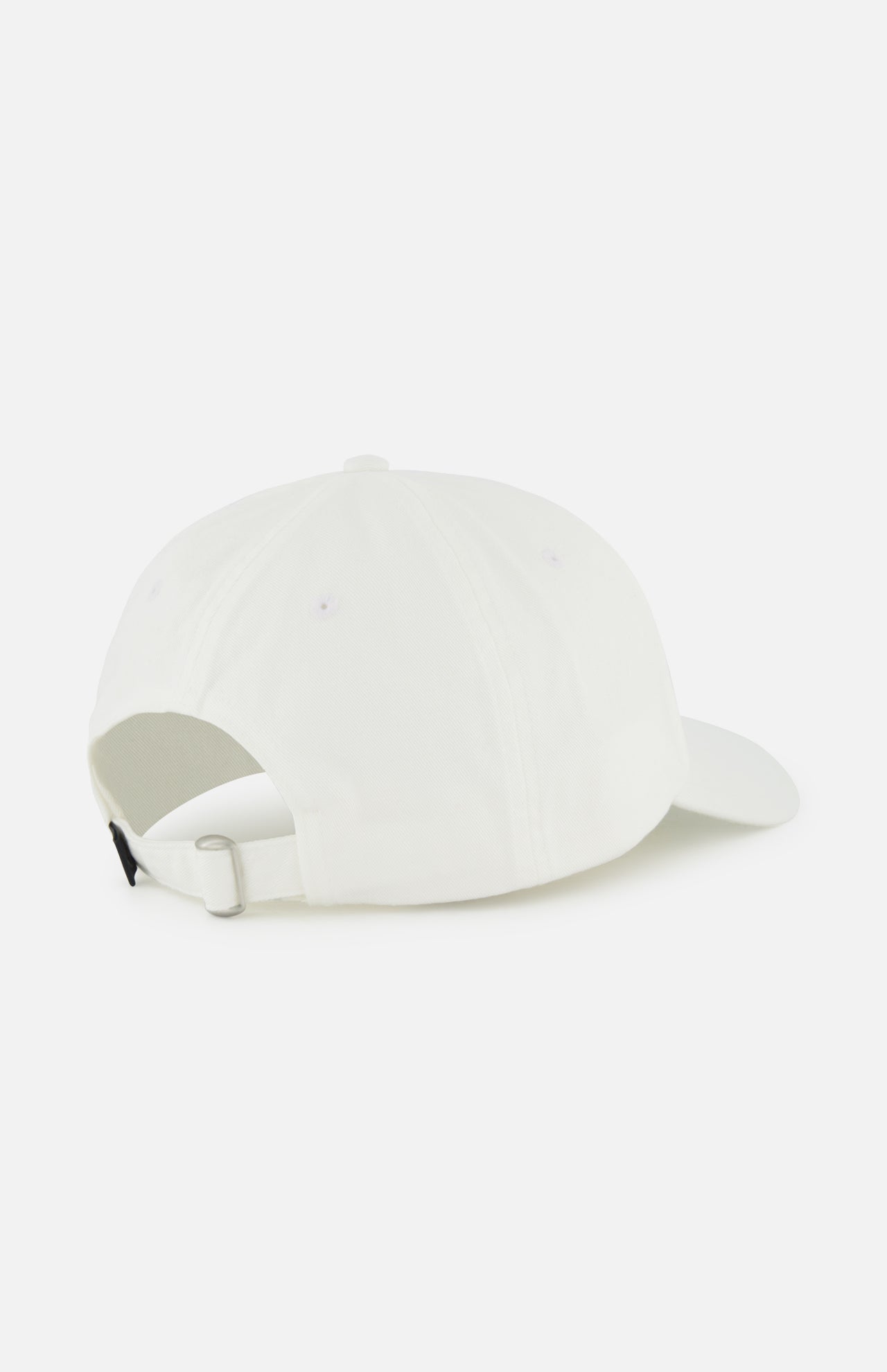 The GREYSON Icon Dad Hat in white cotton twill is shown from the back, highlighting its adjustable strap with metal buckle and curved brim. The cap is displayed on a white background.