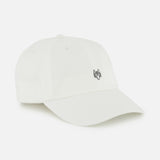 The GREYSON Icon Dad Hat is a white cotton twill cap with a small black embroidered wolf head above the brim, curved visor, visible stitching, and an adjustable strap for a perfect fit.