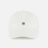 The GREYSON Icon Dad Hat is a plain white cotton twill cap with a small, embroidered gray fox head logo on the front center, shown against a white background.
