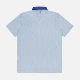 Back view of the GREYSON Ironwood Polo Shirt, featuring UV protection, a blue and white small geometric pattern, and a solid blue collar, displayed on a white background.