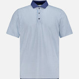 The GREYSON Ironwood Polo Shirt features a light blue short-sleeve design with a dark blue geometric pattern, button-up placket, and solid dark blue collar. Moisture-wicking fabric offers UV protection. Shown on a plain white background.