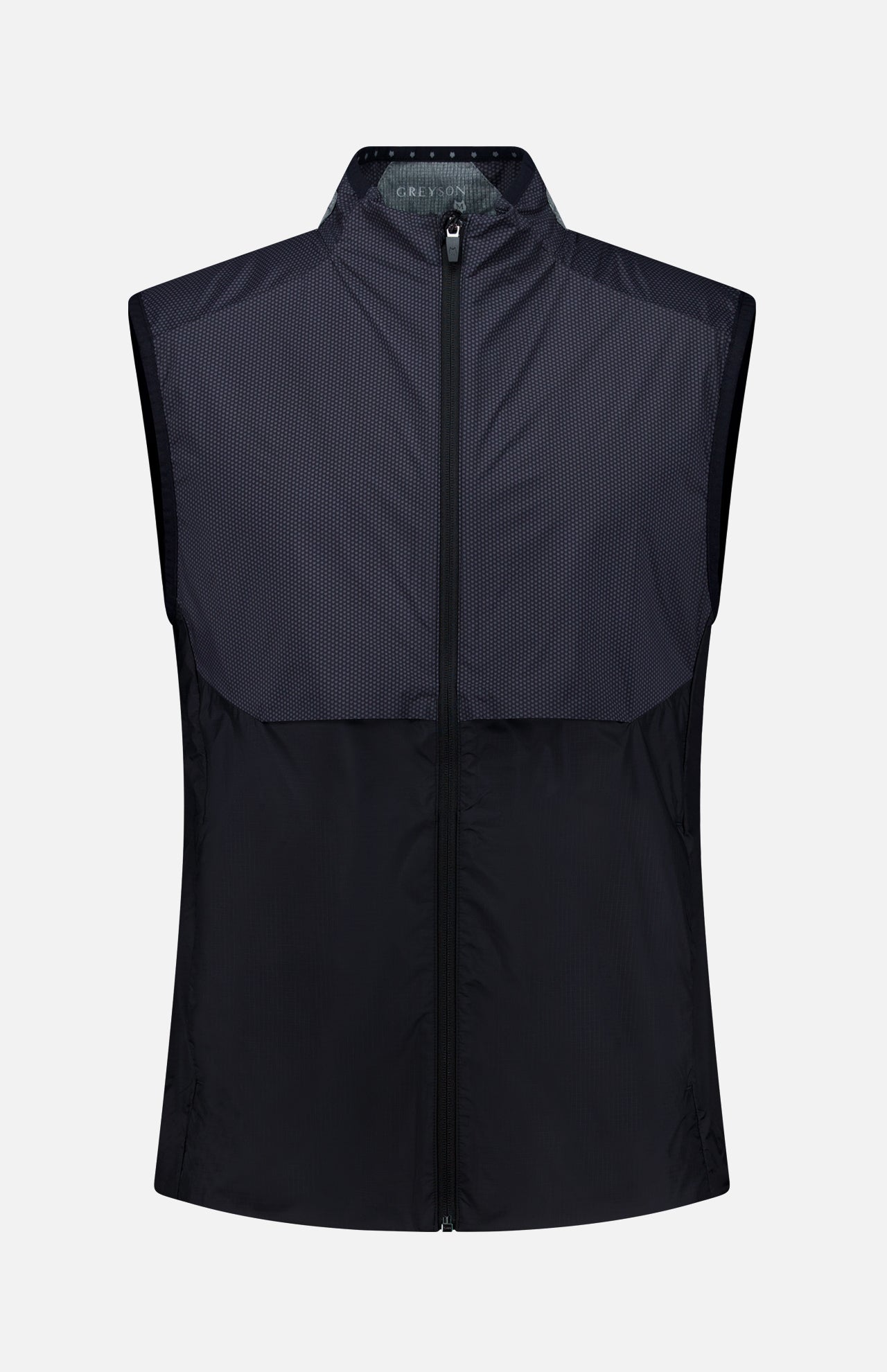 The GREYSON Micro Icon Trailwolf Hybrid Sport Vest is a sleeveless, zip-up black golf vest featuring a high collar, lightweight fabric, and subtle texture details on the upper chest and shoulders—ideal as a versatile outer layer for transitional weather—shown against a plain white background.