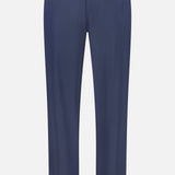 The Montauk 5 Pocket Pant by GREYSON is a pair of blue straight-leg pants crafted from premium Italian fabric, featuring a button and zip closure, front and back pockets, and displayed against a white background.