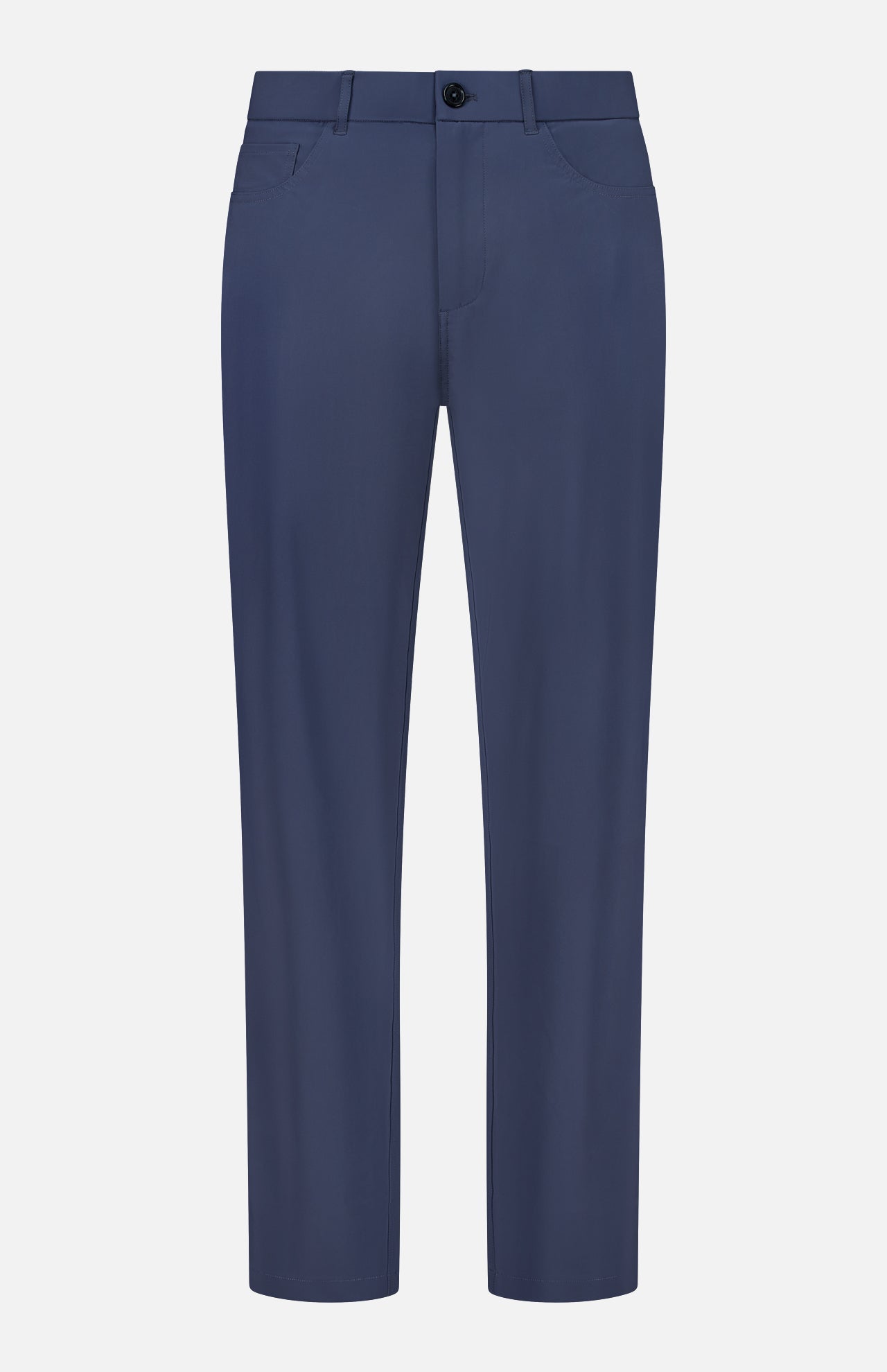 The Montauk 5 Pocket Pant by GREYSON is a pair of blue straight-leg pants crafted from premium Italian fabric, featuring a button and zip closure, front and back pockets, and displayed against a white background.