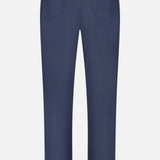 Back view of the GREYSON Montauk 5 Pocket Pant in dark blue, crafted from premium Italian fabric, featuring two back pockets, belt loops, and straight legs, displayed against a white background.